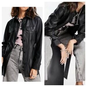 Rebecca Minkoff Vegan Leather Black Belted Shirt Shacket Jacket Size M